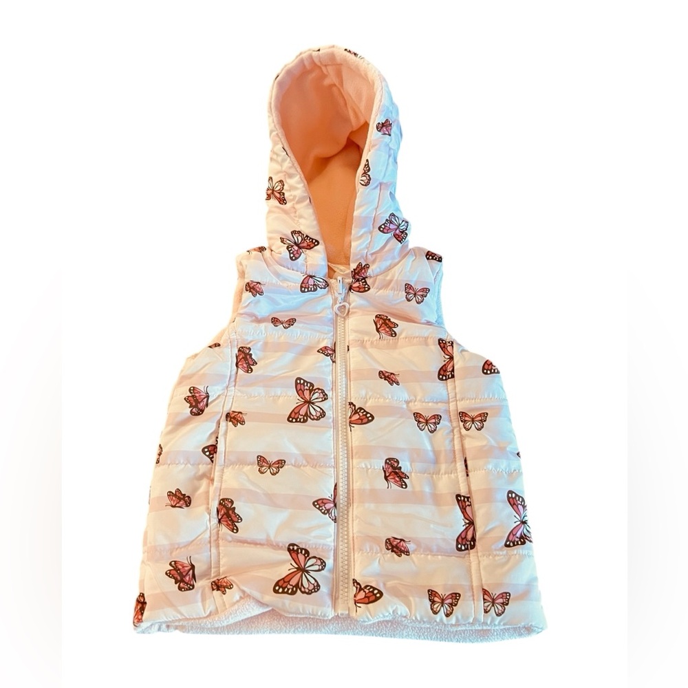 Emma & Elsa Girls' Butterfly Print Hooded Puffer Vest - Pink SZ 3T